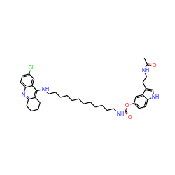 CC(=O)NCCc1c[nH]c2ccc(OC(=O)NCCCCCCCCCCCCNc3c4c(nc5ccc(Cl)cc35)CCCC4)cc12 ZINC000221458286