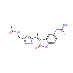 CC(=O)NCc1c[nH]c(/C(C)=C2\C(=O)Nc3ccc(NC(N)=O)cc32)c1 ZINC000014962732