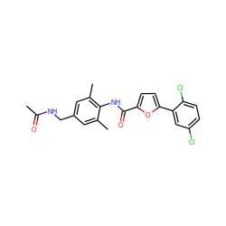 CC(=O)NCc1cc(C)c(NC(=O)c2ccc(-c3cc(Cl)ccc3Cl)o2)c(C)c1 ZINC000071340612