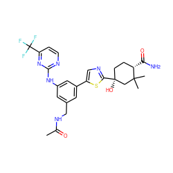 CC(=O)NCc1cc(Nc2nccc(C(F)(F)F)n2)cc(-c2cnc([C@@]3(O)CC[C@H](C(N)=O)C(C)(C)C3)s2)c1 ZINC000141105266