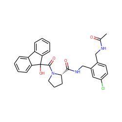 CC(=O)NCc1ccc(Cl)cc1CNC(=O)[C@@H]1CCCN1C(=O)C1(O)c2ccccc2-c2ccccc21 ZINC000013641412