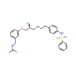 CC(=O)NCc1cccc(OC[C@@H](O)CNCCc2ccc(NS(=O)(=O)c3ccccc3)cc2)c1 ZINC000003923776