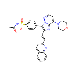 CC(=O)NS(=O)(=O)c1ccc(-c2c(/C=C/c3ccc4ccccc4n3)nc3c(N4CCOCC4)ccnn23)cc1 ZINC001772610157