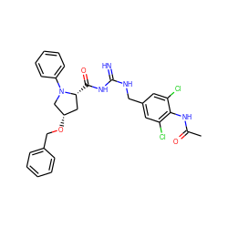 CC(=O)Nc1c(Cl)cc(CNC(=N)NC(=O)[C@@H]2C[C@H](OCc3ccccc3)CN2c2ccccc2)cc1Cl ZINC000473154354