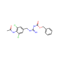 CC(=O)Nc1c(Cl)cc(CNC(=N)NC(=O)OCc2ccccc2)cc1Cl ZINC000473160605