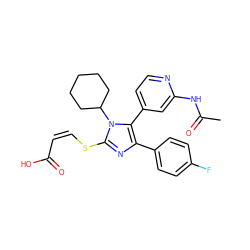 CC(=O)Nc1cc(-c2c(-c3ccc(F)cc3)nc(S/C=C\C(=O)O)n2C2CCCCC2)ccn1 ZINC000299860550