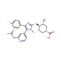 CC(=O)Nc1cc(-c2c(-c3ccc(F)cc3)nc(S[C@@H]3CC[C@@H](C(=O)O)C[C@H]3O)n2C)ccn1 ZINC000299866162