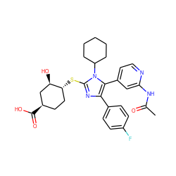 CC(=O)Nc1cc(-c2c(-c3ccc(F)cc3)nc(S[C@@H]3CC[C@@H](C(=O)O)C[C@H]3O)n2C2CCCCC2)ccn1 ZINC000299871946