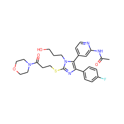 CC(=O)Nc1cc(-c2c(-c3ccc(F)cc3)nc(SCCC(=O)N3CCOCC3)n2CCCO)ccn1 ZINC000013586244