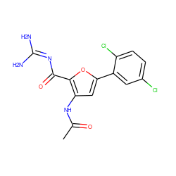 CC(=O)Nc1cc(-c2cc(Cl)ccc2Cl)oc1C(=O)N=C(N)N ZINC000028822464