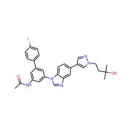 CC(=O)Nc1cc(-c2ccc(F)cc2)cc(-n2cnc3cc(-c4cnn(CCC(C)(C)O)c4)ccc32)c1 ZINC000145692170