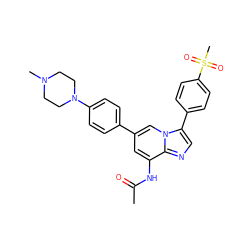 CC(=O)Nc1cc(-c2ccc(N3CCN(C)CC3)cc2)cn2c(-c3ccc(S(C)(=O)=O)cc3)cnc12 ZINC000061927038