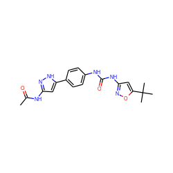 CC(=O)Nc1cc(-c2ccc(NC(=O)Nc3cc(C(C)(C)C)on3)cc2)[nH]n1 ZINC000653836203