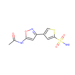 CC(=O)Nc1cc(-c2csc(S(N)(=O)=O)c2)no1 ZINC001772576688