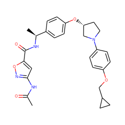 CC(=O)Nc1cc(C(=O)N[C@@H](C)c2ccc(O[C@@H]3CCN(c4ccc(OCC5CC5)cc4)C3)cc2)on1 ZINC001772588969