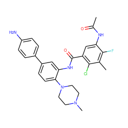 CC(=O)Nc1cc(C(=O)Nc2cc(-c3ccc(N)cc3)ccc2N2CCN(C)CC2)c(Cl)c(C)c1F ZINC001772615134