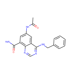 CC(=O)Nc1cc(C(N)=O)c2ncnc(NCc3ccccc3)c2c1 ZINC000114347197