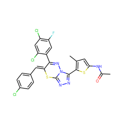 CC(=O)Nc1cc(C)c(-c2nnc3n2N=C(c2cc(F)c(Cl)cc2Cl)/C(=C/c2ccc(Cl)cc2)S3)s1 ZINC000028823780