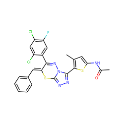 CC(=O)Nc1cc(C)c(-c2nnc3n2N=C(c2cc(F)c(Cl)cc2Cl)/C(=C/c2ccccc2)S3)s1 ZINC000028823776