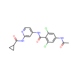 CC(=O)Nc1cc(Cl)c(C(=O)Nc2ccnc(NC(=O)C3CC3)c2)c(Cl)c1 ZINC000096928680