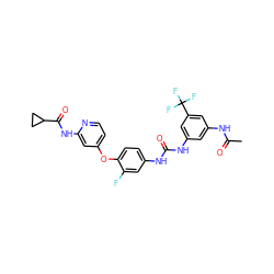 CC(=O)Nc1cc(NC(=O)Nc2ccc(Oc3ccnc(NC(=O)C4CC4)c3)c(F)c2)cc(C(F)(F)F)c1 ZINC001772620978