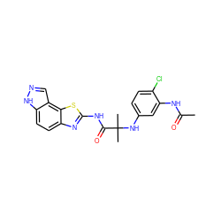 CC(=O)Nc1cc(NC(C)(C)C(=O)Nc2nc3ccc4[nH]ncc4c3s2)ccc1Cl ZINC000115721968