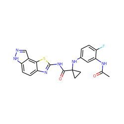 CC(=O)Nc1cc(NC2(C(=O)Nc3nc4ccc5[nH]ncc5c4s3)CC2)ccc1F ZINC000115721981