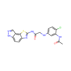 CC(=O)Nc1cc(NCC(=O)Nc2nc3ccc4[nH]ncc4c3s2)ccc1Cl ZINC000115722107