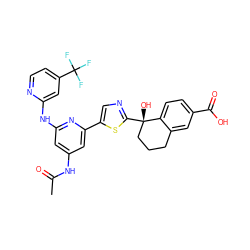 CC(=O)Nc1cc(Nc2cc(C(F)(F)F)ccn2)nc(-c2cnc([C@@]3(O)CCCc4cc(C(=O)O)ccc43)s2)c1 ZINC000169704393