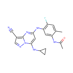 CC(=O)Nc1cc(Nc2cc(NC3CC3)n3ncc(C#N)c3n2)c(F)cc1C ZINC000096921687