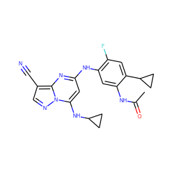 CC(=O)Nc1cc(Nc2cc(NC3CC3)n3ncc(C#N)c3n2)c(F)cc1C1CC1 ZINC000096921688