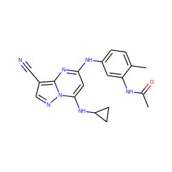 CC(=O)Nc1cc(Nc2cc(NC3CC3)n3ncc(C#N)c3n2)ccc1C ZINC000096273295