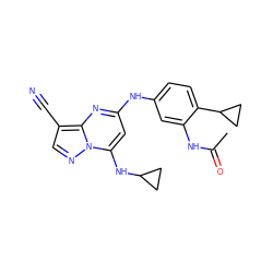 CC(=O)Nc1cc(Nc2cc(NC3CC3)n3ncc(C#N)c3n2)ccc1C1CC1 ZINC000096921686