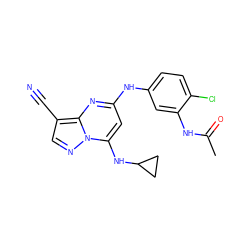 CC(=O)Nc1cc(Nc2cc(NC3CC3)n3ncc(C#N)c3n2)ccc1Cl ZINC000096921684