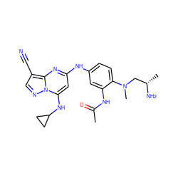 CC(=O)Nc1cc(Nc2cc(NC3CC3)n3ncc(C#N)c3n2)ccc1N(C)C[C@H](C)N ZINC000653817010