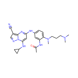 CC(=O)Nc1cc(Nc2cc(NC3CC3)n3ncc(C#N)c3n2)ccc1N(C)CCCN(C)C ZINC000653840668