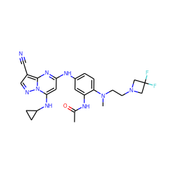 CC(=O)Nc1cc(Nc2cc(NC3CC3)n3ncc(C#N)c3n2)ccc1N(C)CCN1CC(F)(F)C1 ZINC000653840685