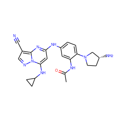 CC(=O)Nc1cc(Nc2cc(NC3CC3)n3ncc(C#N)c3n2)ccc1N1CC[C@@H](N)C1 ZINC000653840718