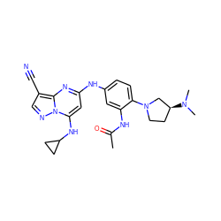 CC(=O)Nc1cc(Nc2cc(NC3CC3)n3ncc(C#N)c3n2)ccc1N1CC[C@H](N(C)C)C1 ZINC000653840709