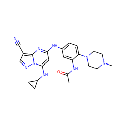 CC(=O)Nc1cc(Nc2cc(NC3CC3)n3ncc(C#N)c3n2)ccc1N1CCN(C)CC1 ZINC000653840723