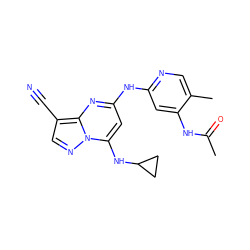 CC(=O)Nc1cc(Nc2cc(NC3CC3)n3ncc(C#N)c3n2)ncc1C ZINC000096921689