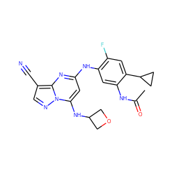 CC(=O)Nc1cc(Nc2cc(NC3COC3)n3ncc(C#N)c3n2)c(F)cc1C1CC1 ZINC000096921706