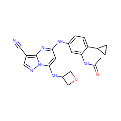 CC(=O)Nc1cc(Nc2cc(NC3COC3)n3ncc(C#N)c3n2)ccc1C1CC1 ZINC000096921705