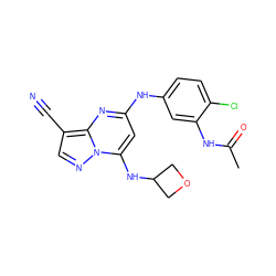 CC(=O)Nc1cc(Nc2cc(NC3COC3)n3ncc(C#N)c3n2)ccc1Cl ZINC000096921702