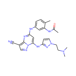 CC(=O)Nc1cc(Nc2cc(Nc3ccn(CCN(C)C)n3)n3ncc(C#N)c3n2)ccc1C ZINC000096921696