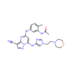 CC(=O)Nc1cc(Nc2cc(Nc3cn(CCN4CCOCC4)cn3)n3ncc(C#N)c3n2)ccc1C ZINC000096921701