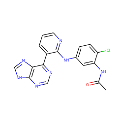 CC(=O)Nc1cc(Nc2ncccc2-c2ncnc3[nH]cnc23)ccc1Cl ZINC000299831876