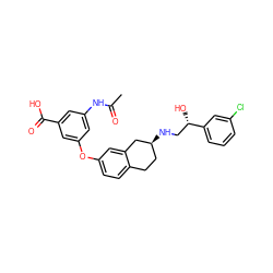 CC(=O)Nc1cc(Oc2ccc3c(c2)C[C@@H](NC[C@H](O)c2cccc(Cl)c2)CC3)cc(C(=O)O)c1 ZINC000040848259