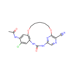 CC(=O)Nc1cc2c(cc1Cl)NC(=O)Nc1cnc(C#N)c(n1)OCCCCCO2 ZINC000014958299