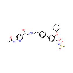 CC(=O)Nc1ccc([C@@H](O)CNCCc2ccc(-c3ccc(C(=O)NS(C)(=O)=O)c(OC4CCCCC4)c3)cc2)cn1 ZINC000043076388